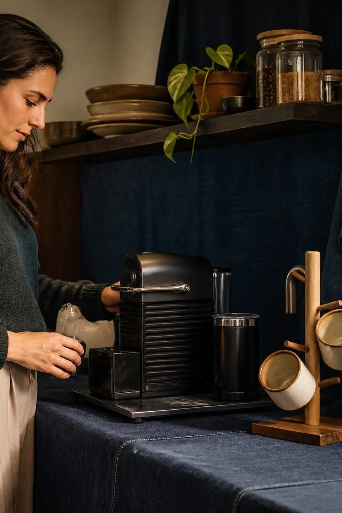 Dark denim backdrop with wooden cup stand behind Nespresso station