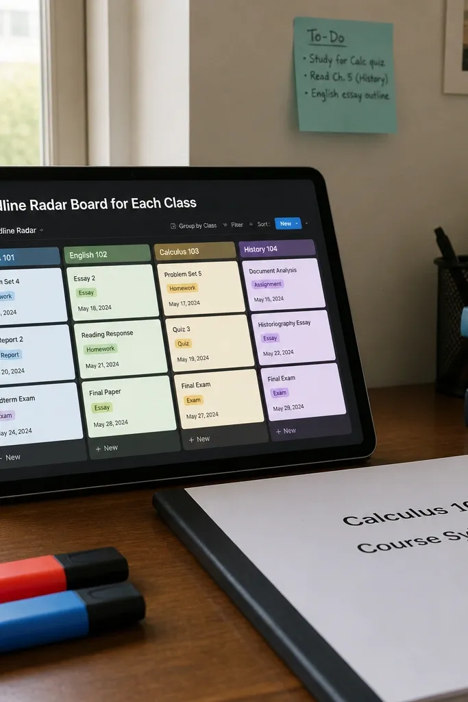 Notion board with class tabs and color-coded due dates