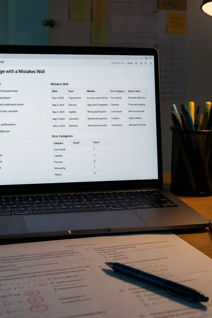 Exam sprint checklist beside a mistakes list