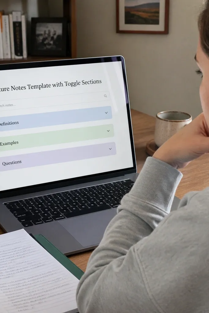 Lecture page with toggles for definitions, examples, and questions