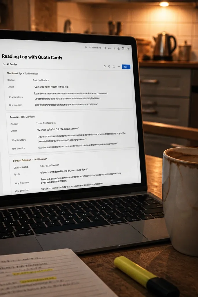 Reading log entries with quote blocks and page references