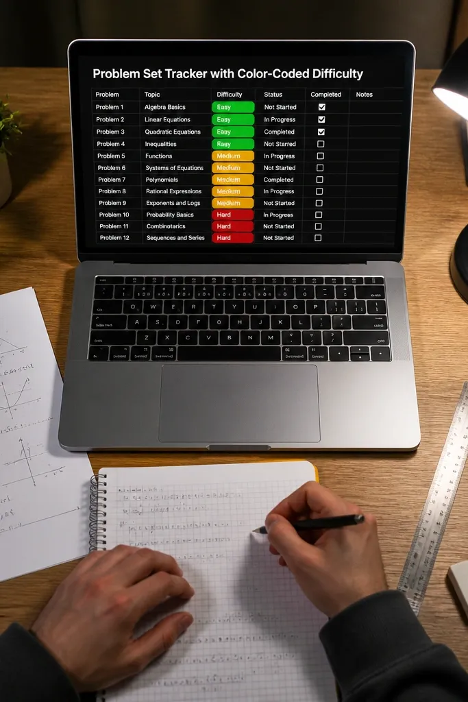 Problem set table with difficulty colors and completion checkmarks