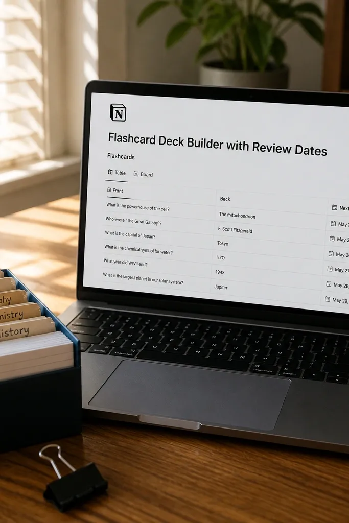 Flashcard list with spaced review dates and status