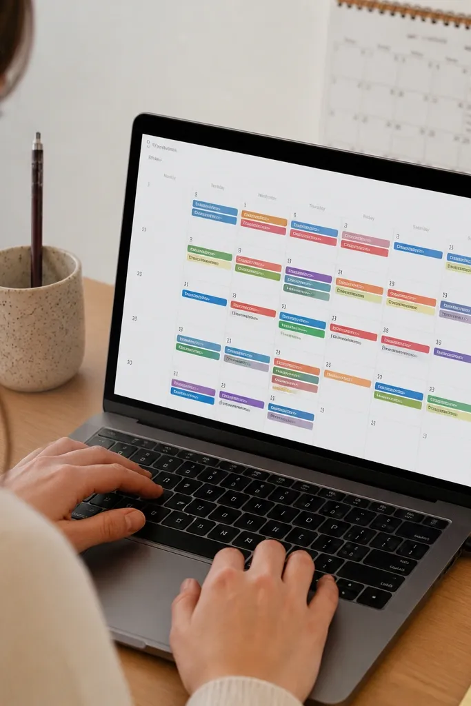 Calendar view with colored bars for each class during crunch days