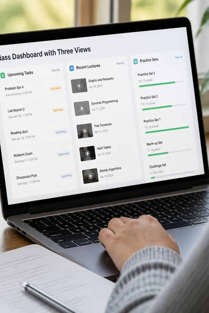 Dashboard page with three linked views: tasks, lectures, and practice