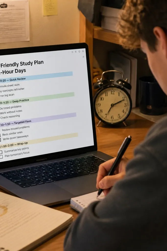 Two-hour study plan with segments and checkboxes