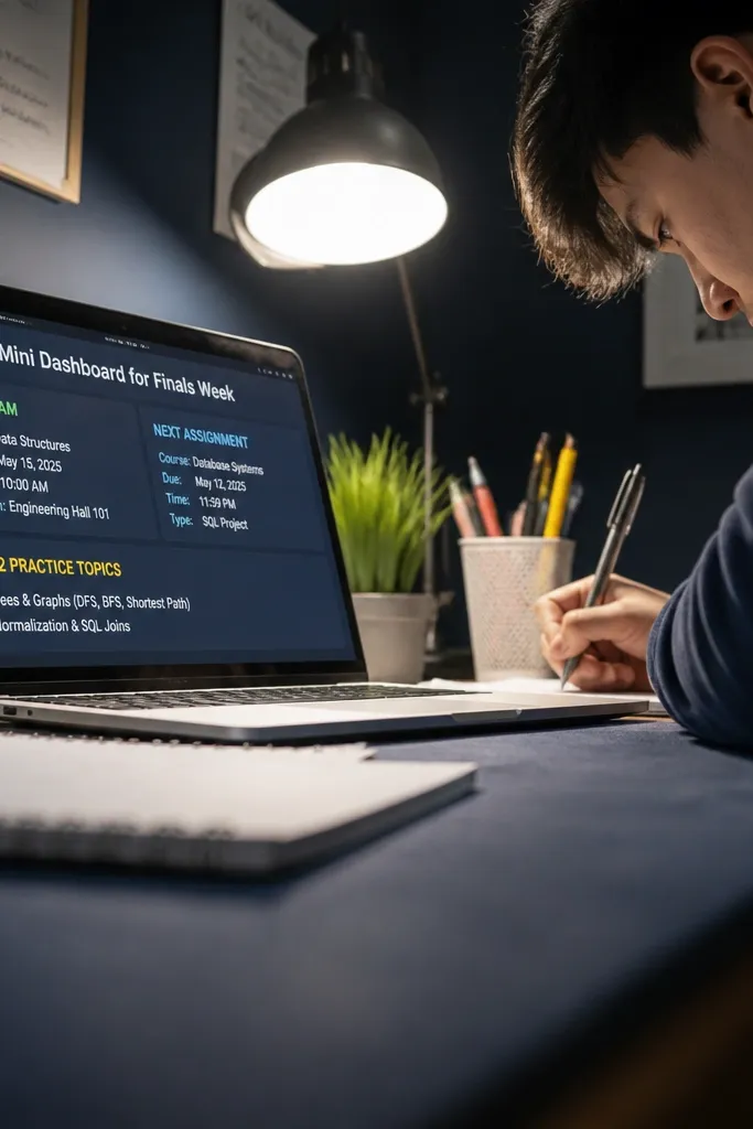 Finals week dashboard with big headings and three task lists