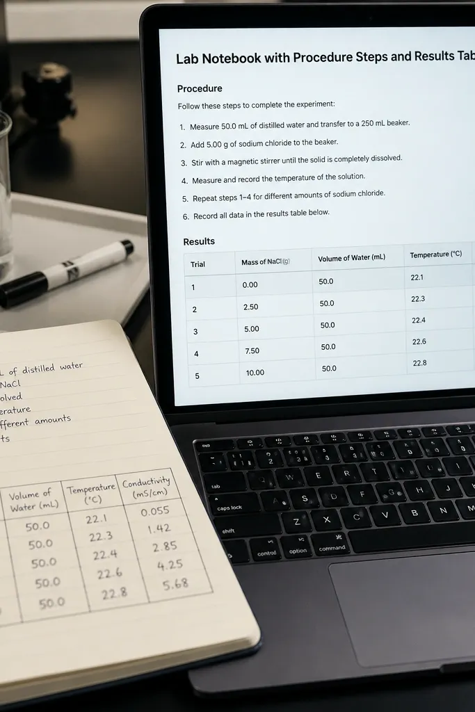 Lab notebook page with step list and a results table