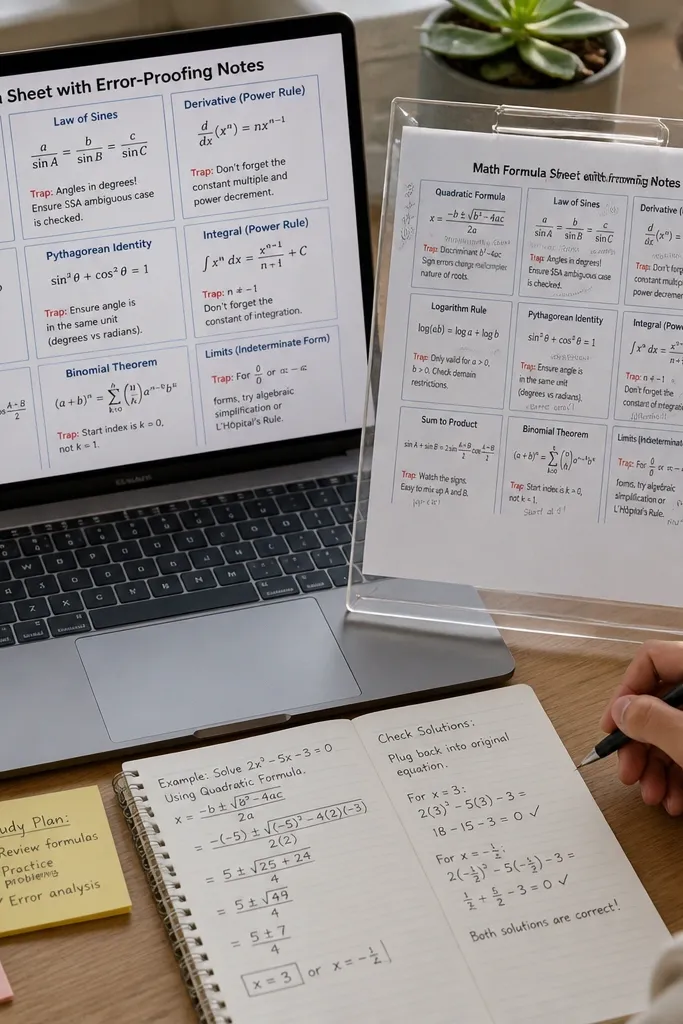 Formula sheet with grouped formulas and small caution notes