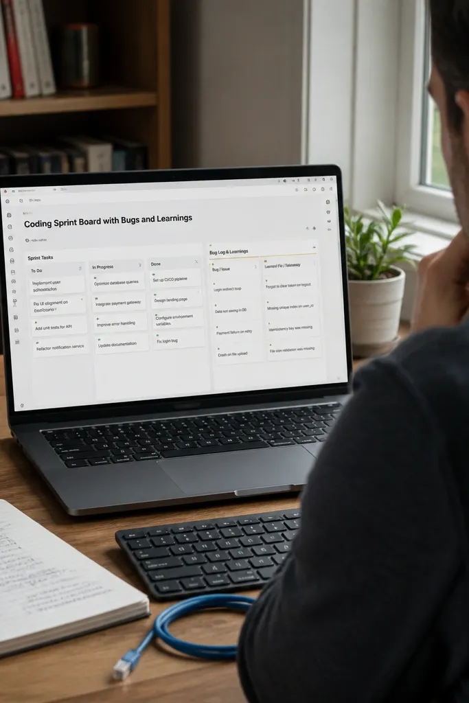 Coding sprint board with tasks and a bug learning log