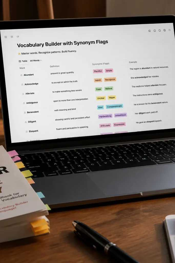 Vocabulary list with term, definition, and synonym flag