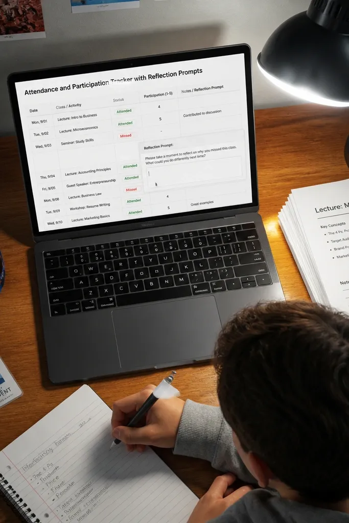 Attendance table with reflection prompts and checkboxes