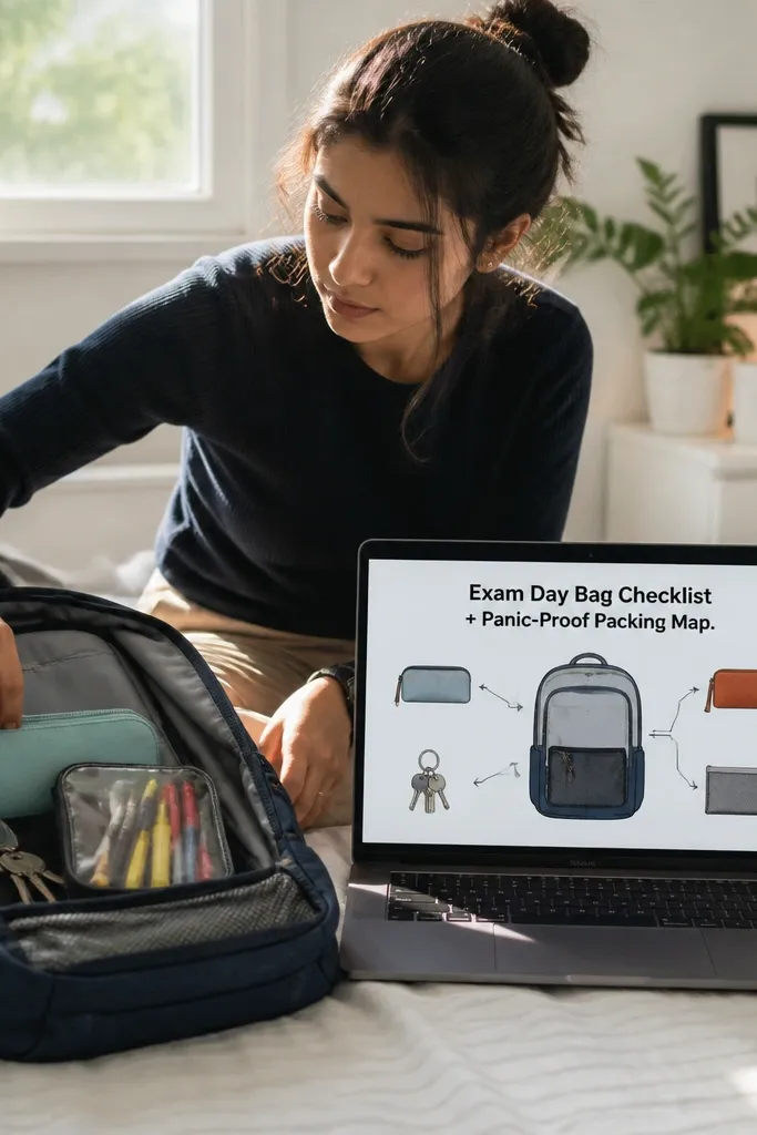 Checklist cards for phone, charger, ID, pens, snacks with a packing layout map.