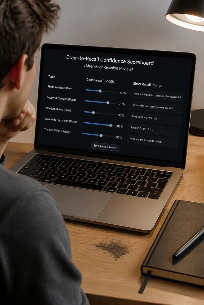 A scoreboard with confidence sliders, recall prompts, and a next-session action box.