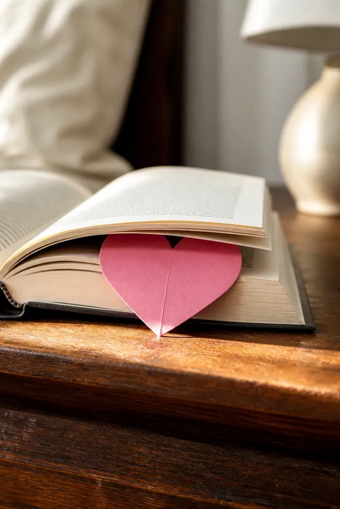 Folded red paper heart shape with a pointed top and flat bookmark base