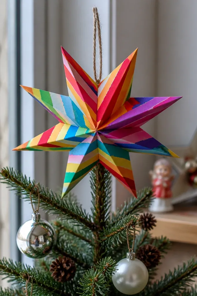 Colorful five-pointed paper star with a small loop for hanging