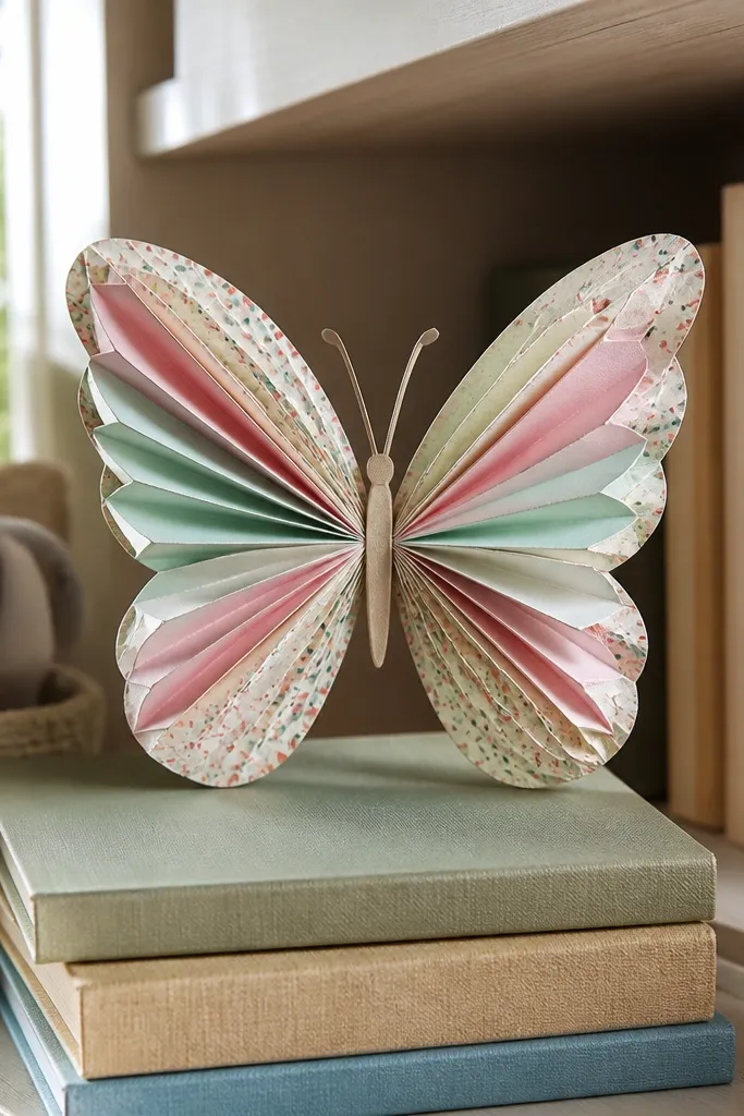 Two-wing folded butterfly made from pastel paper with a small body strip