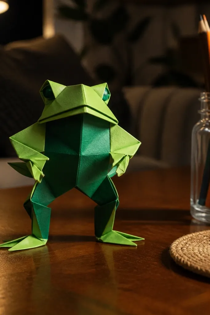 Green paper frog standing upright with bent legs and a small head