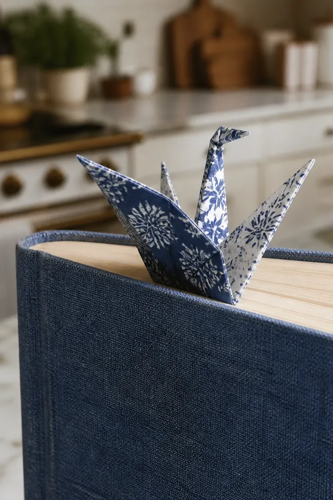 Small folded paper crane shape lying flat like a bookmark