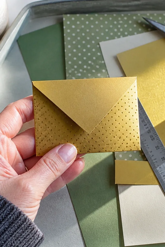 Folded small paper envelope with a pointed flap