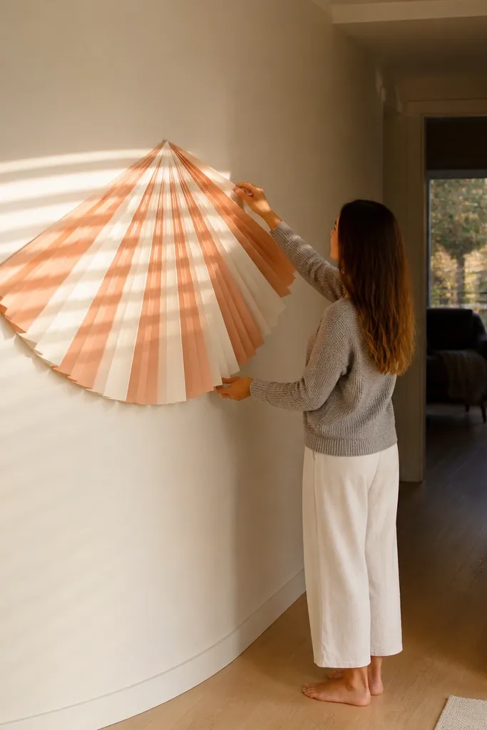 Folded paper fan with pleats in pastel colors mounted on a string