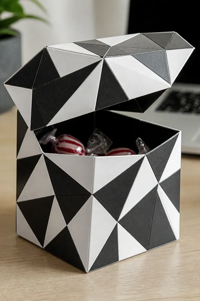 Small folded paper cube box with visible crease lines