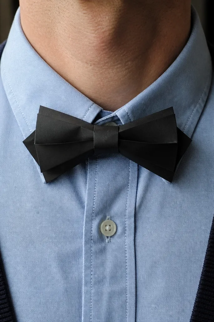 Folded paper bow tie with a center knot and two symmetrical loops