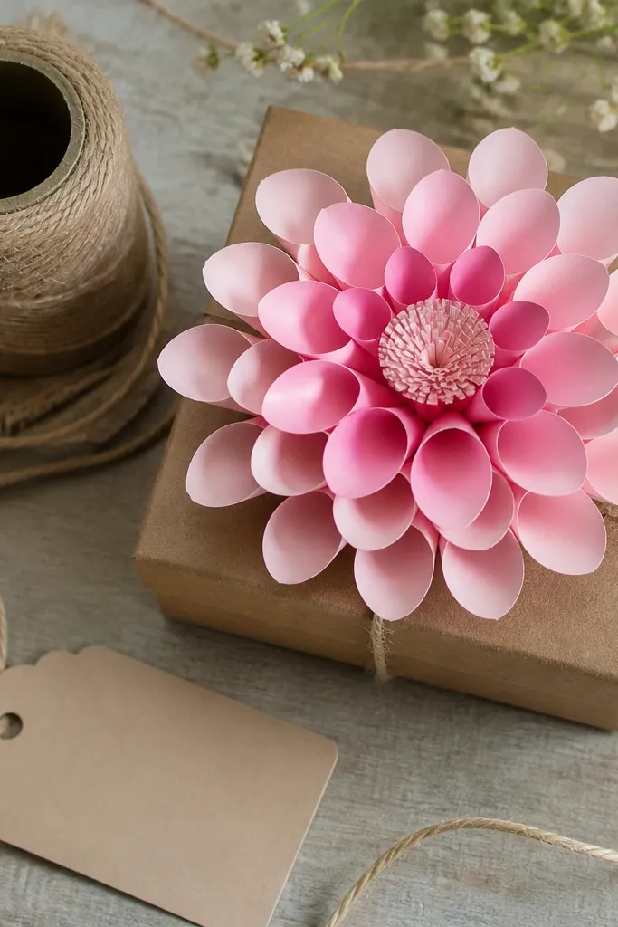 Rolled-paper flower with layered petals in pink and green