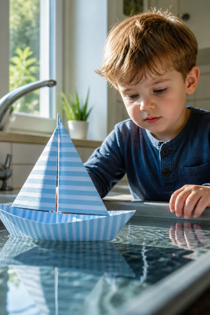 Folded paper sailboat with a triangular sail and folded hull