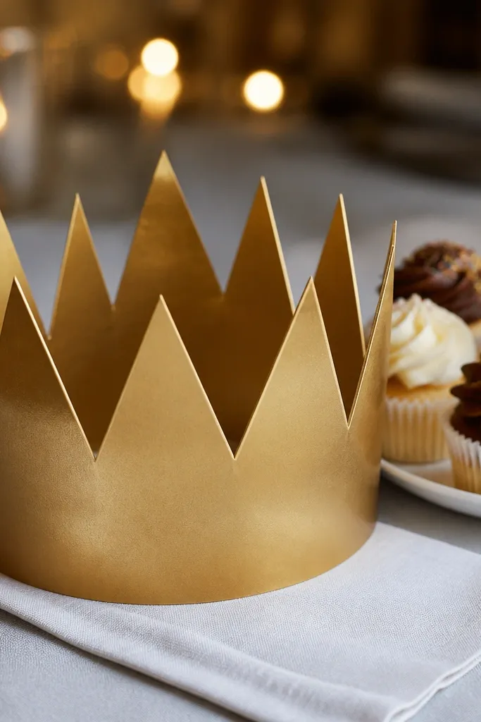 Folded paper crown with pointed peaks and a wraparound band