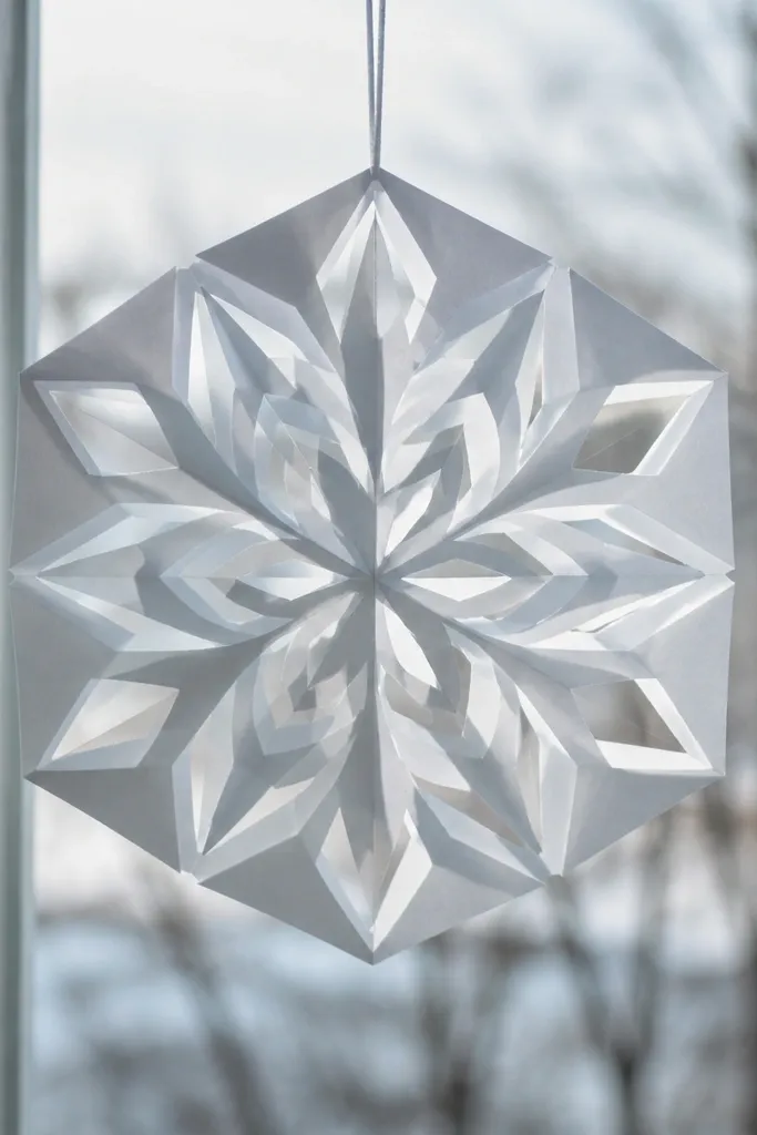 Folded hexagon snowflake with cut-out patterns and hanging loop
