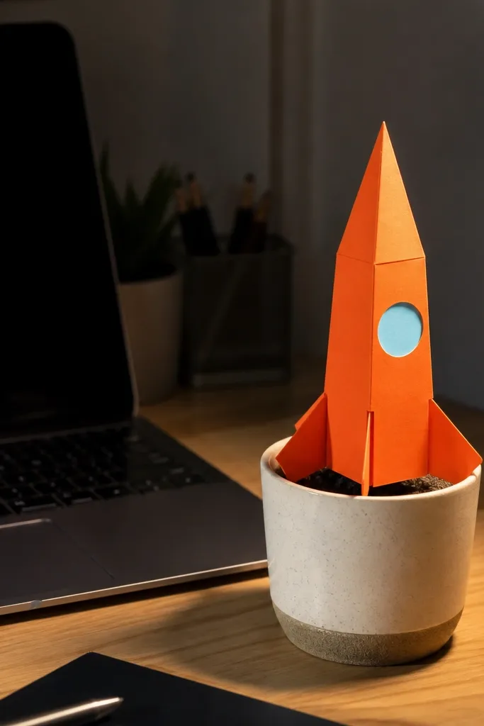 Folded paper rocket with two side fins and a pointed nose