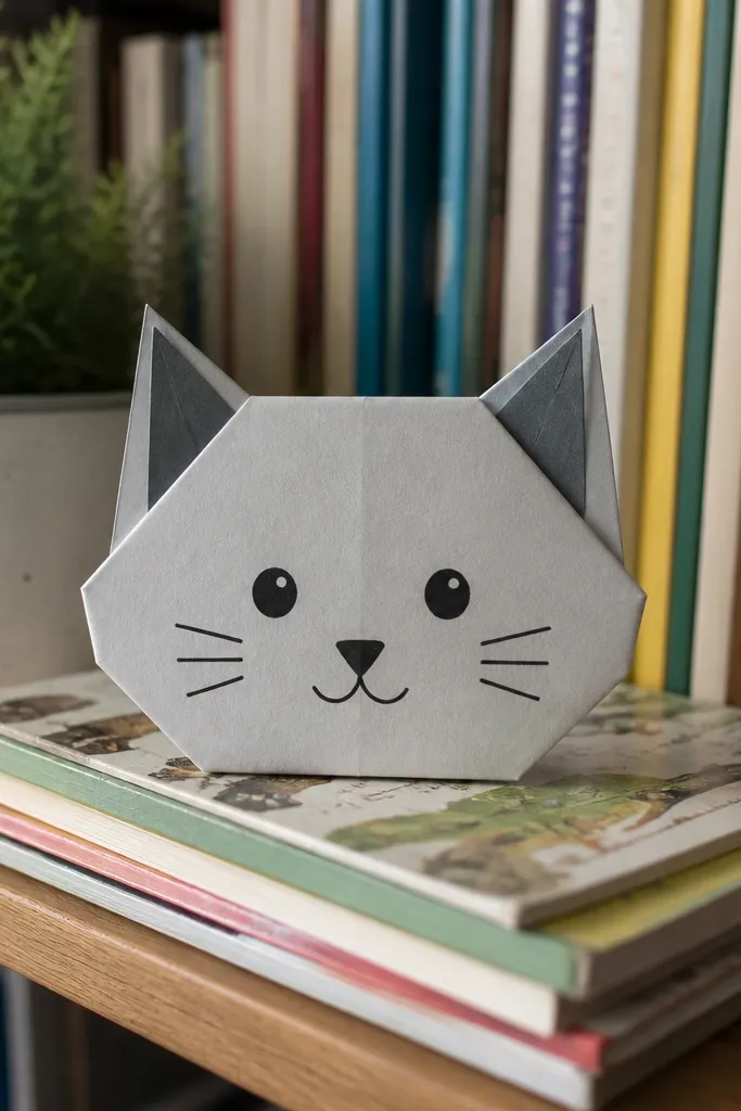Folded paper cat face with two triangle ears and a simple whisker area