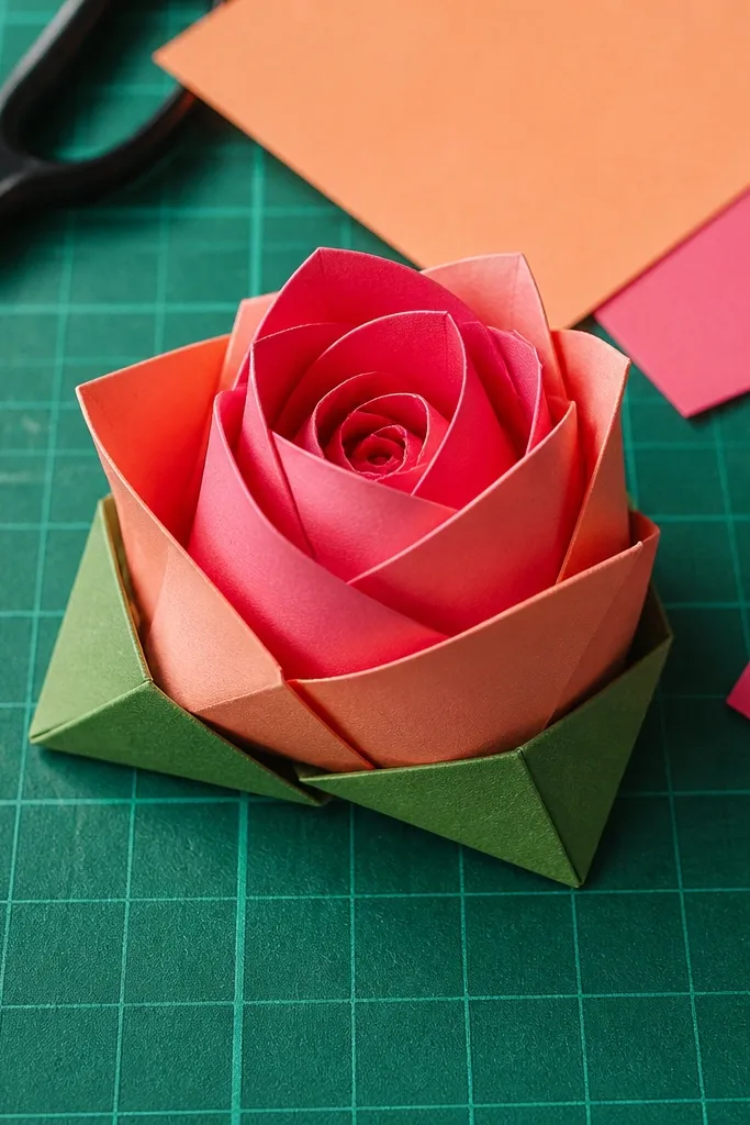 Rolled paper rose bud made from a folded envelope-like shape