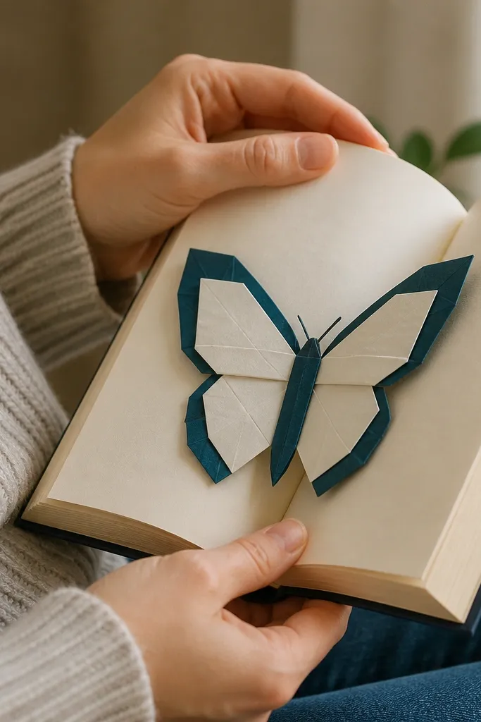 Folded butterfly bookmark with two wing panels and a pointed tail