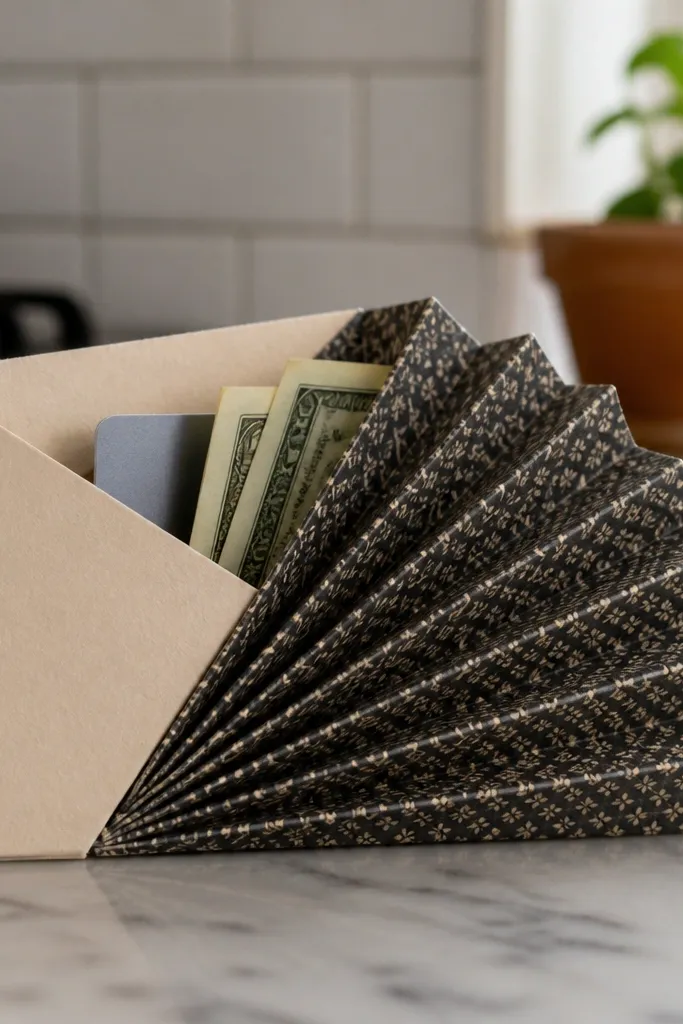 Folded paper mini wallet with fan-like pleats and a front flap