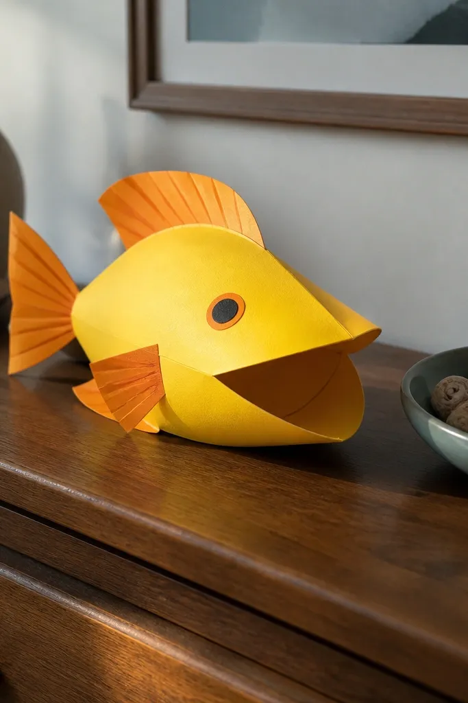 Folded paper fish with a small open mouth pocket and tail fin