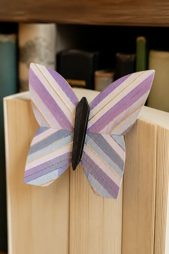 Butterfly bookmark with layered folded body and two symmetrical wings