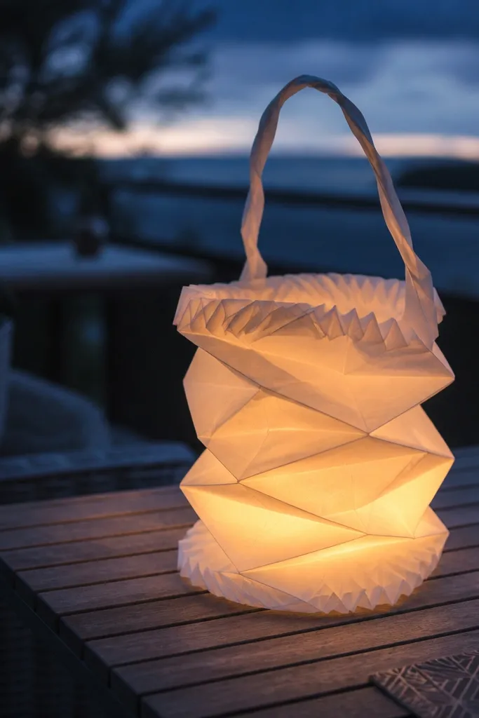 Folded paper lantern with a twist handle and small glow inside