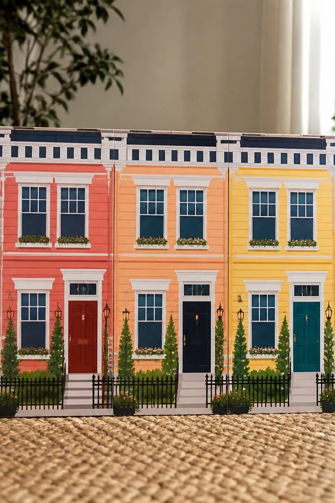 Paper doll house with a sunset sky front and three large windows