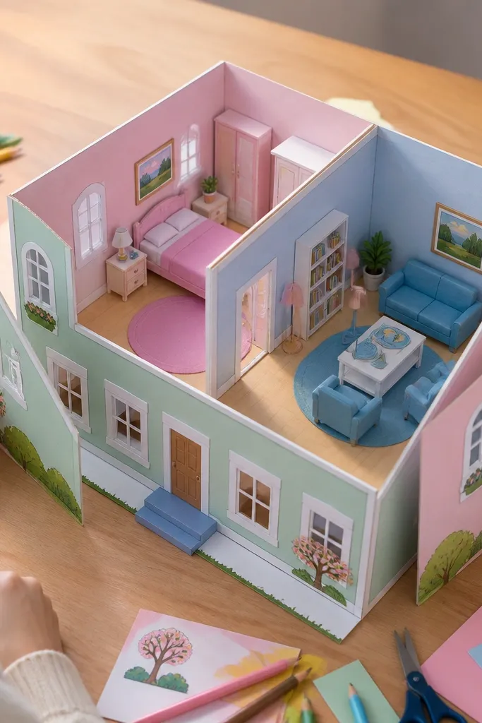 Two matching pastel rooms with side walls that lift off