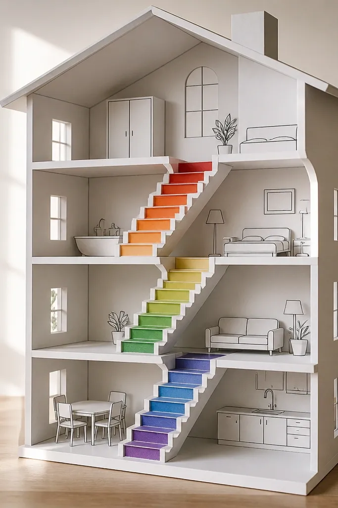Paper doll house with layered floors and a rainbow stair section