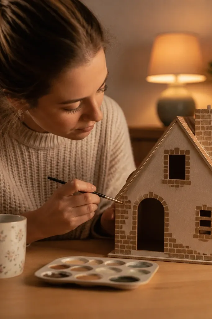 Paper doll cottage with a brick-pattern exterior and a front door