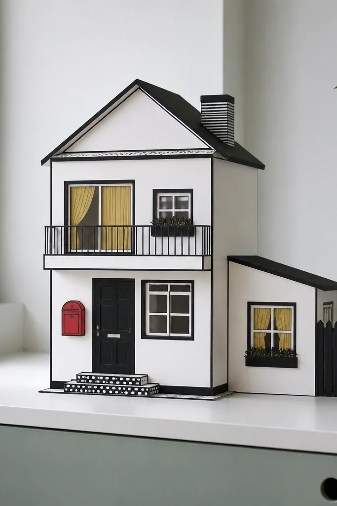 Minimal paper doll house with black outlines and white walls