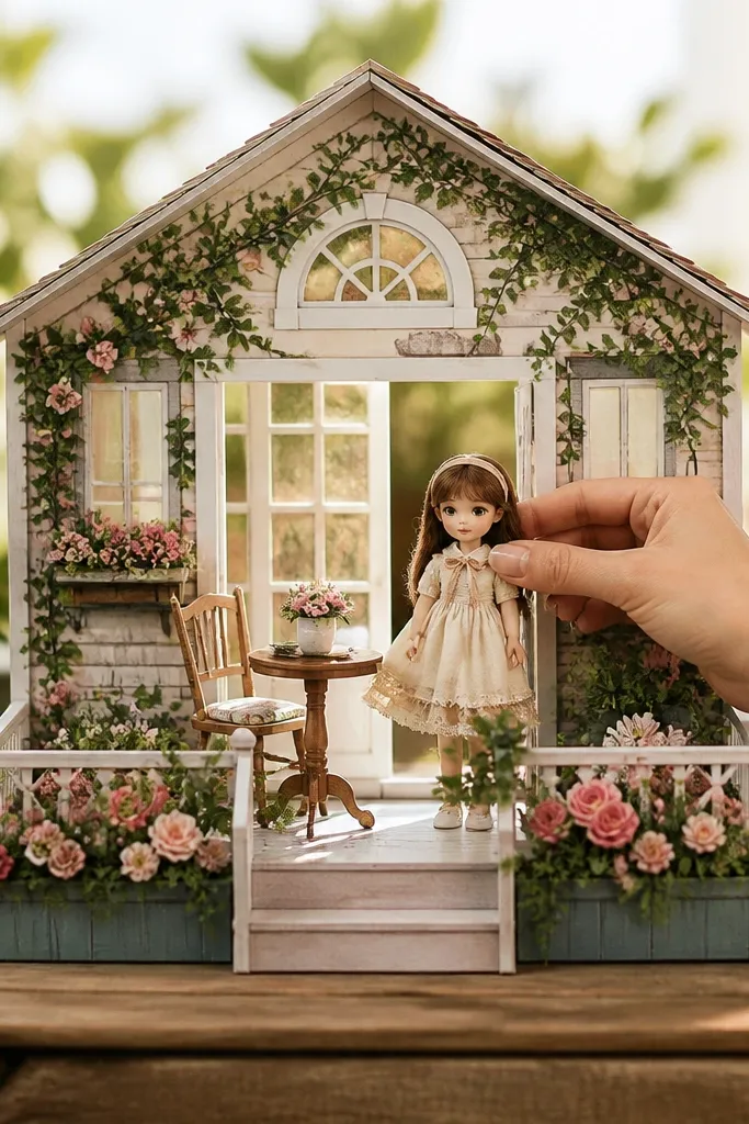 Paper doll house with flower window boxes under large windows