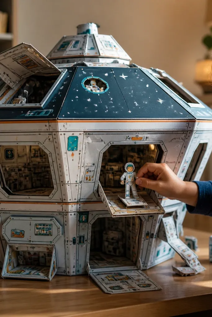 Paper doll house with starry roof and circular hatch openings