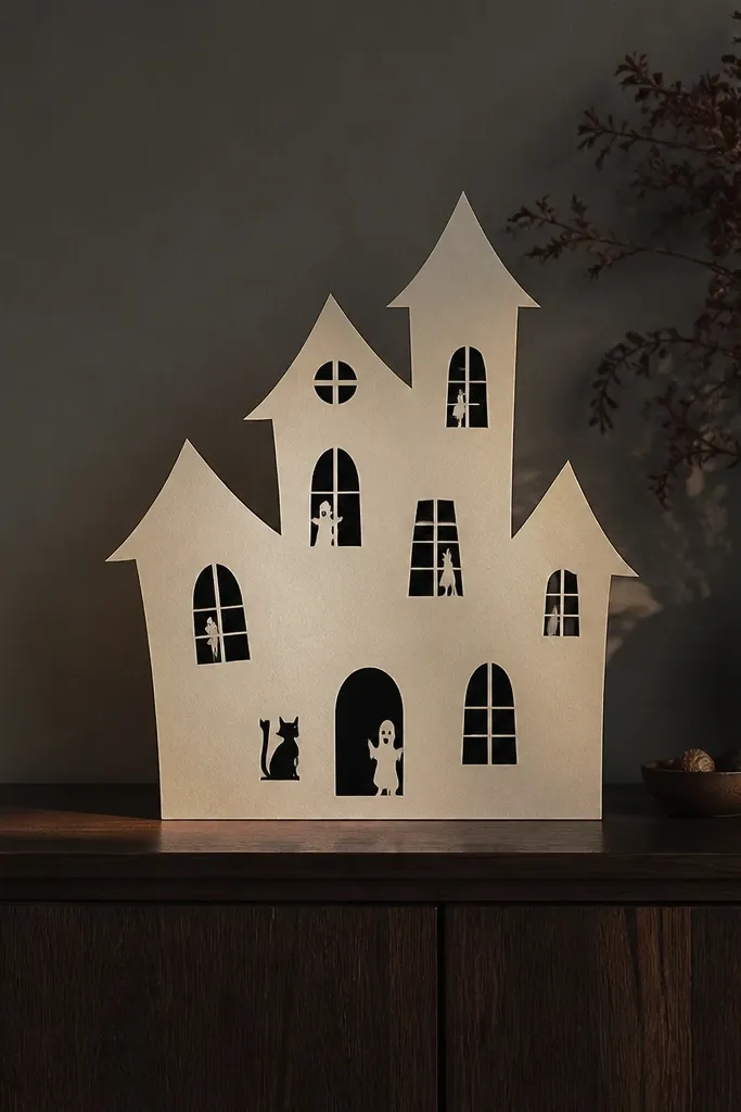 Paper doll haunted house with silhouette windows and a crooked roof