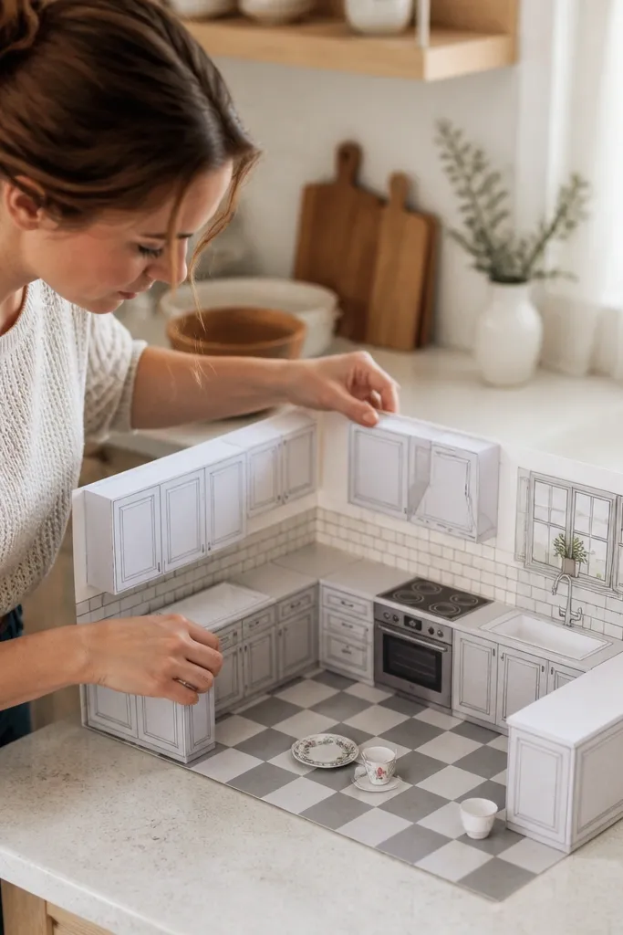 Paper doll kitchen house with tiled floor and cupboard doors