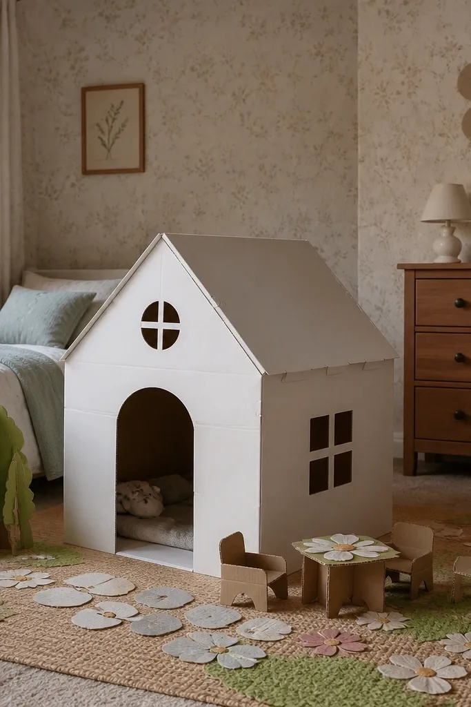 Paper doll bedroom with patterned wallpaper and a window