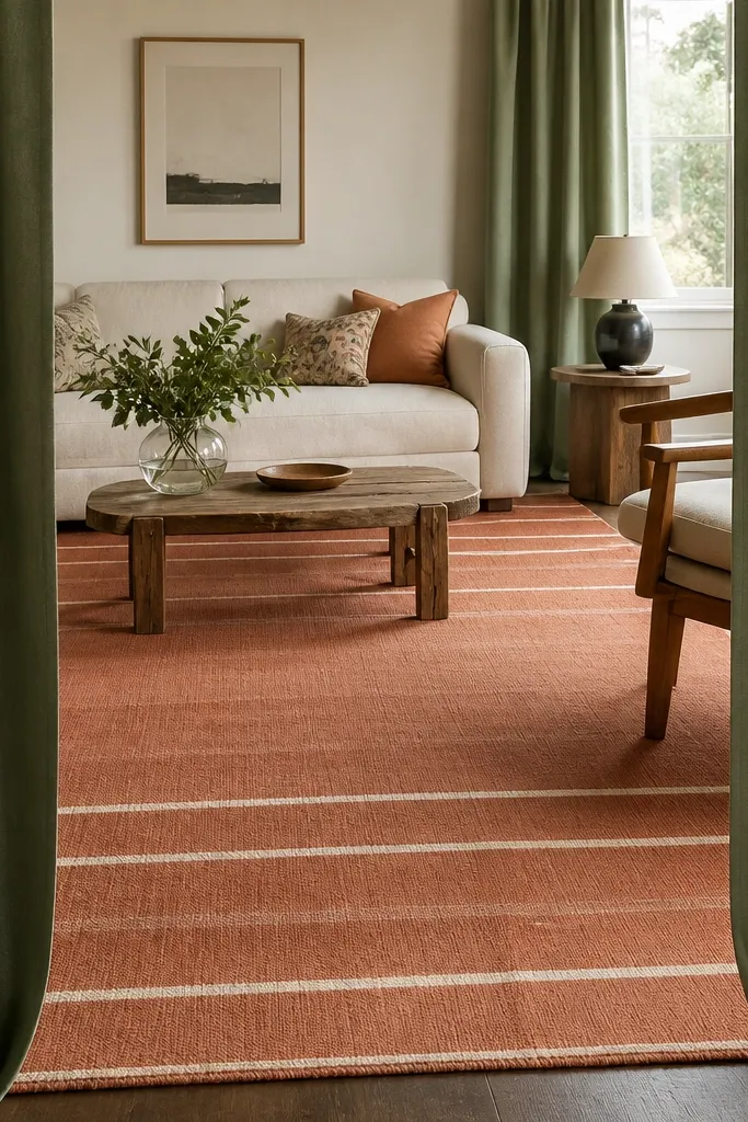Paper doll living room with large rug and hanging curtain panels